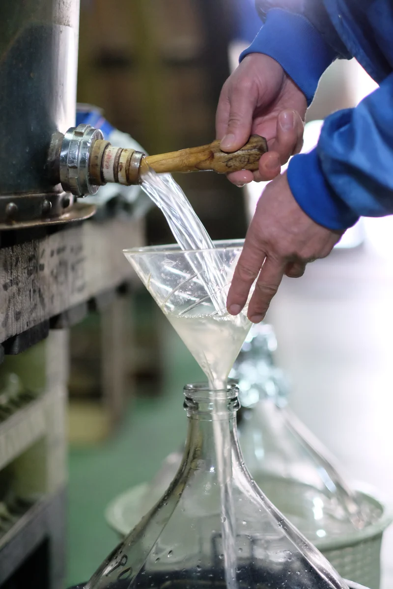 Separating the finished sake from the rice solids.