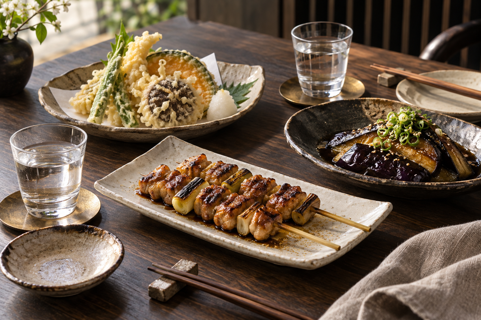 Japanese small plates of yakitori, vegetable tempura and miso aubergine with sake