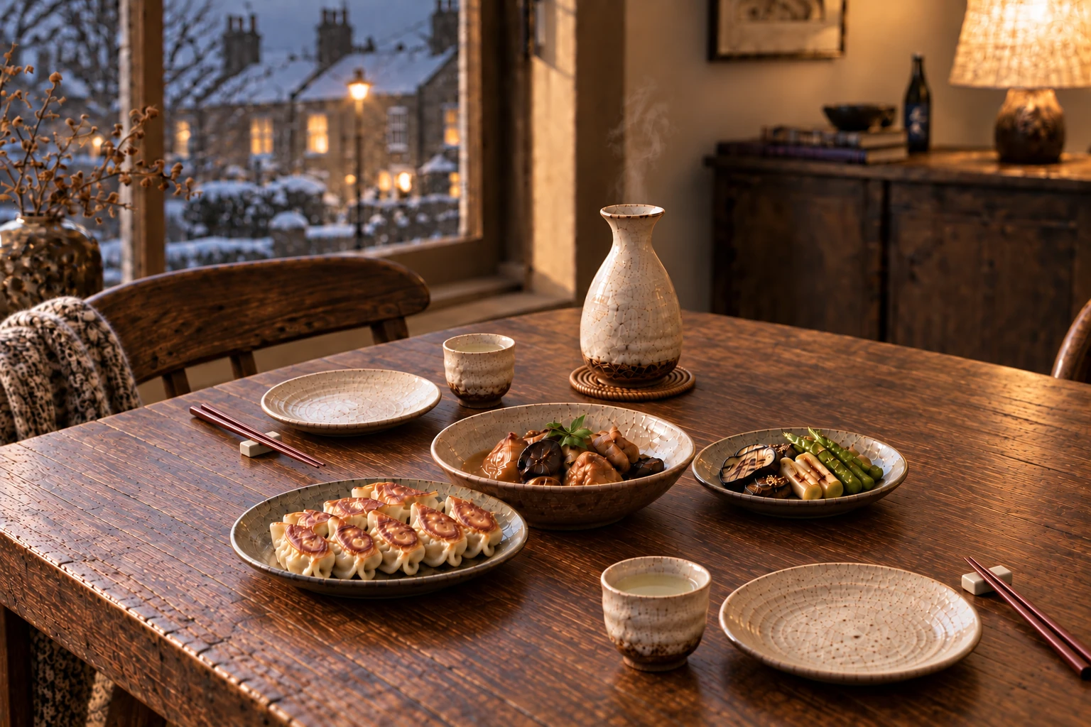 Warm sake and shared Japanese dishes at a cosy table on a British winter evening
